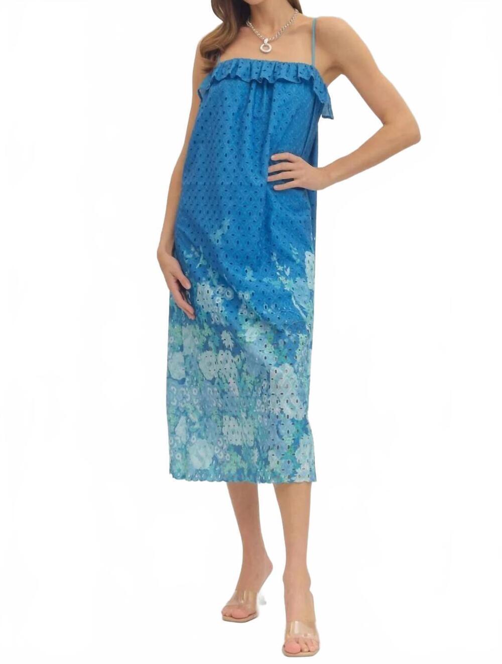 NEW ENTRO ruffled overlay floral spaghetti midi dress in blue
